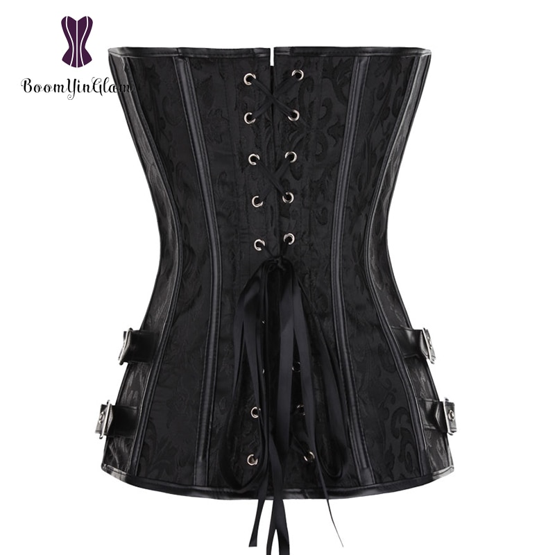 Midja tränare brokad steampunk jacquard konstläder dubbade överbyst brun korsett bustier med kedjor s -6xl 916#