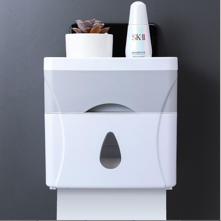 Vandtæt vægmontering toiletpapirholder hylde toiletpapir bakke rulle papirrør badeværelse væv opbevaringsboks: Grå