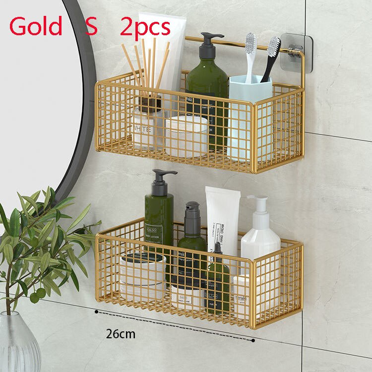 Black Wall-mounted bathroom shelf organizer Shampoo Rack Toilet Accessories Kitchen Free Punch Condiment Storage Basket: Gold  S 2PCS