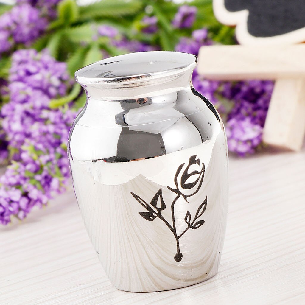 Stainless Steel Mini Urn Jar Funeral Cremation Container Rose Flower Pattern