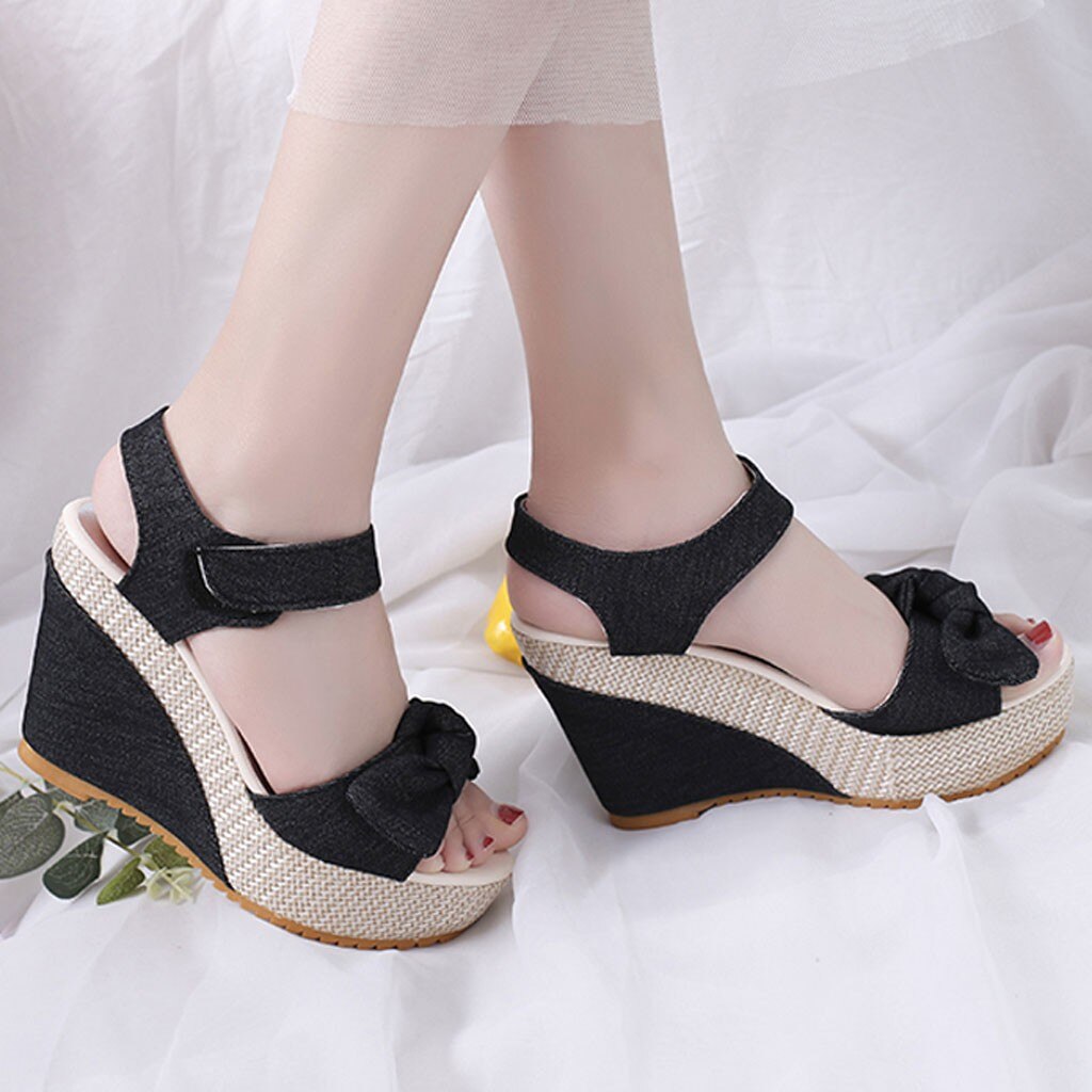 Denim sandaler kvinder sandaler kiler høje hæle peep-toe platform sko kvinde tyk bund sandaler