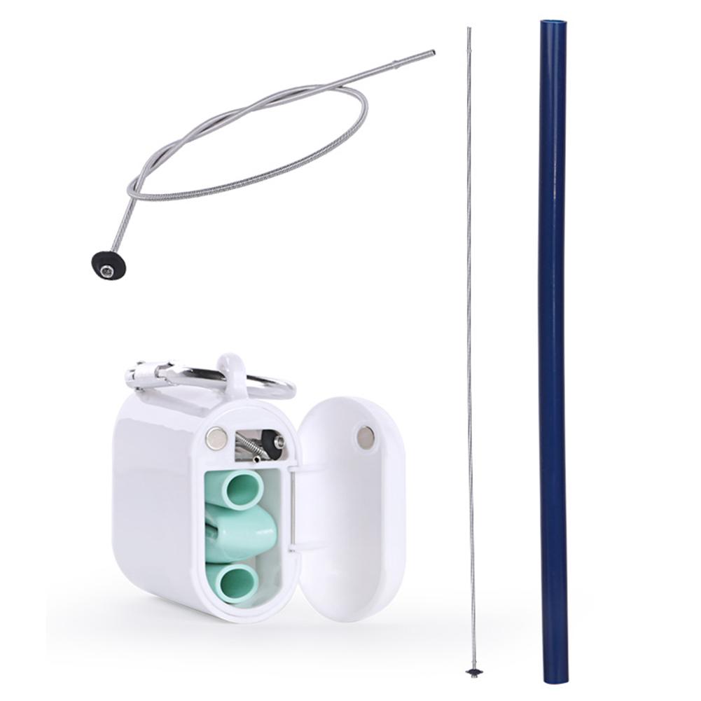 3pcs/set Reusable Silicone Straw Portable Drinking Straws Silicone Straight Tube Straw with Cleaning Brush Storage Box: Blue