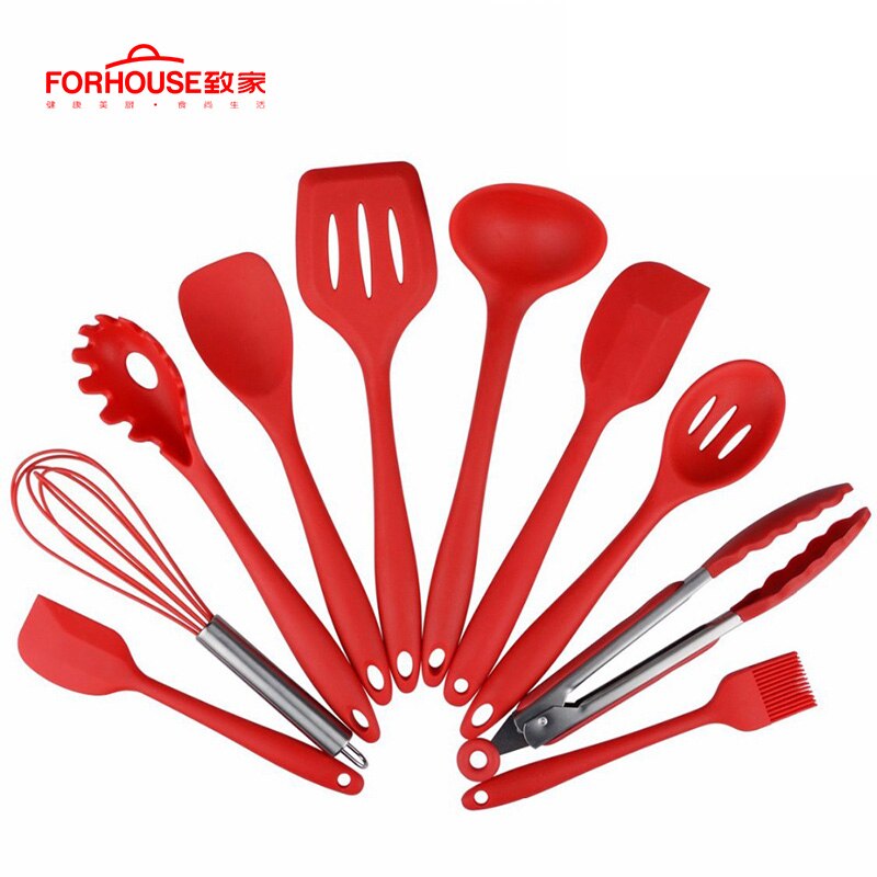 10 stk / sæt non-stick redskaber sæt værktøj køkkenudstyr silikone varmebestandigt køkken madlavningssæt: Rød