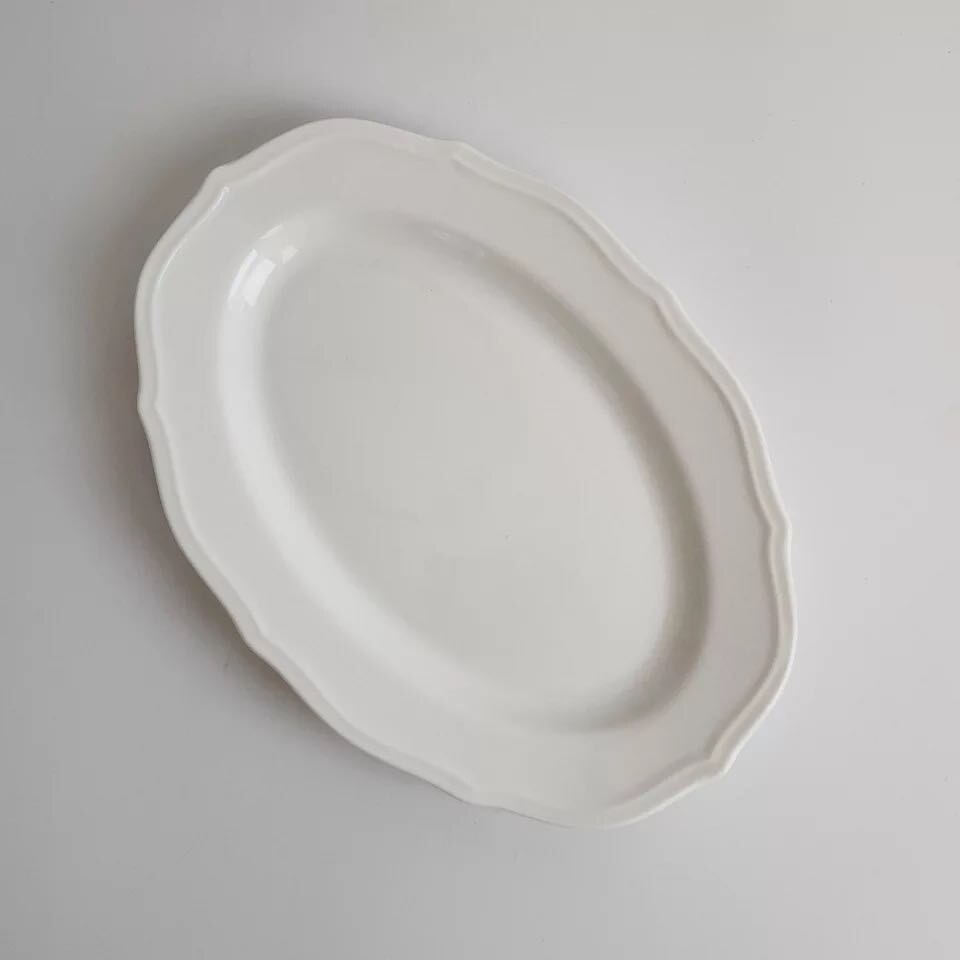 Pure White French Retro Lace Embossed Dinner Plate Simple Ceramic Disc Salad Cereal Breakfast Soup Bowl Kitchen Cheese: 10 inch oval plate