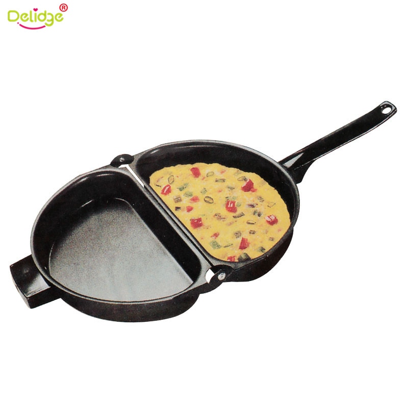 Delidge 1 pc 23.5cm draagbare antiaanbak omelet opvouwbare pot roestvrij ijzer dubbelzijdige grillpan thuis ontbijt productie gereedschap