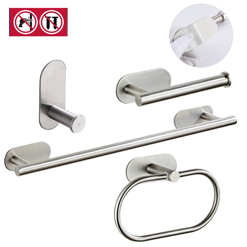 Badkameraccessoireset 3m zelfklevende roestvrijstalen handdoekhouder met geborstelde afwerking, badjashaken, handdoekring en toiletrolhouder: 4 stuks sets