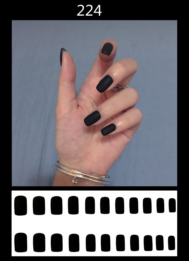 Faux ongles noir mat à couverture complète, 24 pouces, tête carrée courte, doux, givré, populaire, couleur unie, pointes d'art des ongles