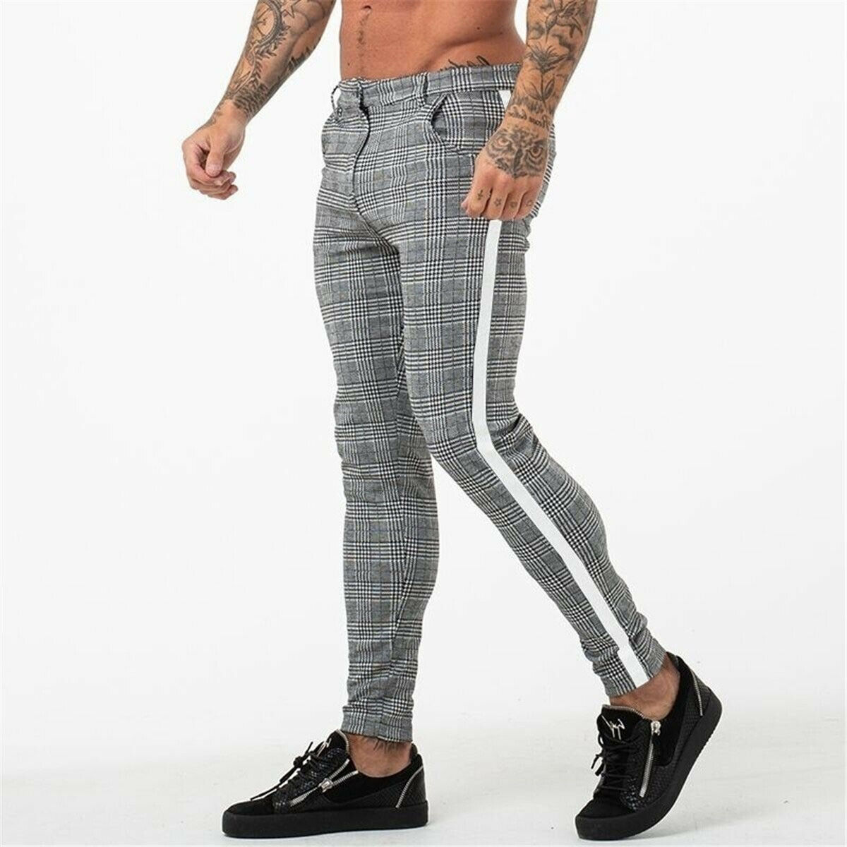 Mens Slim Fit Trousers Trainning & Exercise Pants Check Casual Pants Joggers Tartan Jogging Skinny Bottoms: XXL / White