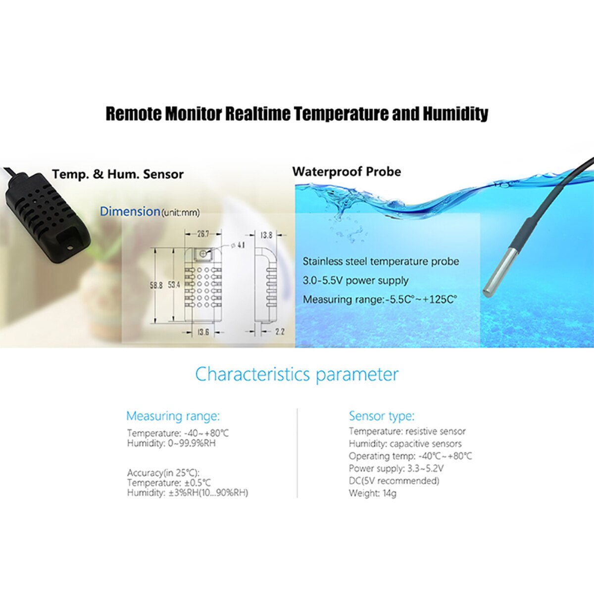 Ikke-vandtæt hjemmetemperatur og fugtighedssensor wifi smart fjernbetjening temperatur- og fugtighedsføler