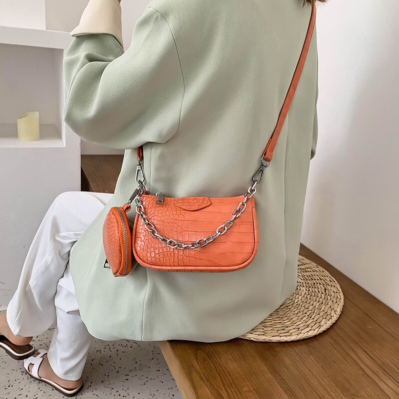 Moderno Bolso bandolera con estampado de cocodrilo para mujer, cadena de , bolsa para la axila, bolsas de mensajero de hombro para mujer, conjunto de 2 bolsos de cocodrilo: Orange