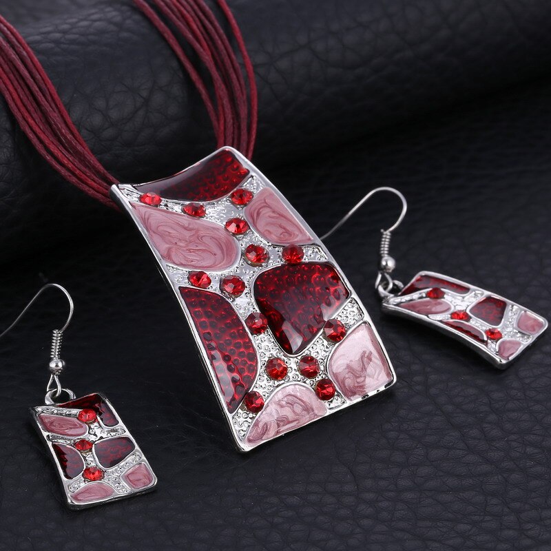 Mode Gem Vierkante Emaille Sieraden Set Zilver Kleur Schilderen Hanger Ketting Oorbellen Bruids Sieraden Sets Voor Vrouwen Bruiloft