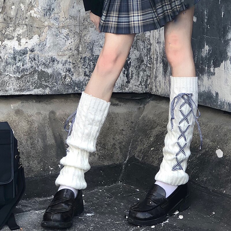 Herfst Winter Leggings Voor Vrouwen Lolita Koreaanse Streep Trekkoord Lint Boog Been Warmer Japanse Gebreide Knie Sokken: White