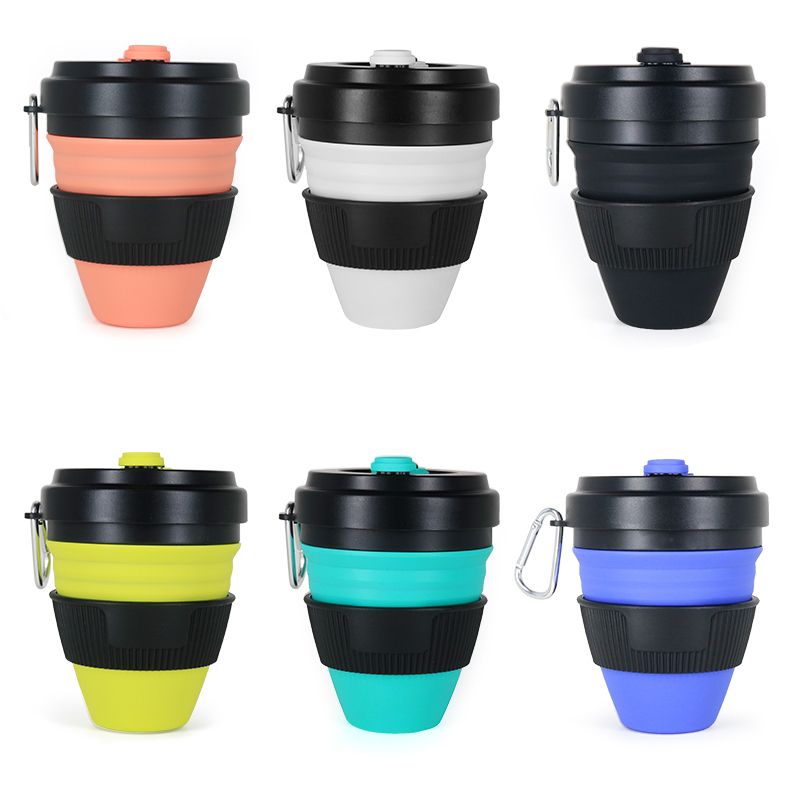 450Ml Opvouwbare Siliconen Cup Mokken Inklapbare Silica Koffie Cup Met Stro Deksels Draagbare Siliconen Telescopische Drinken Reizen Zwart