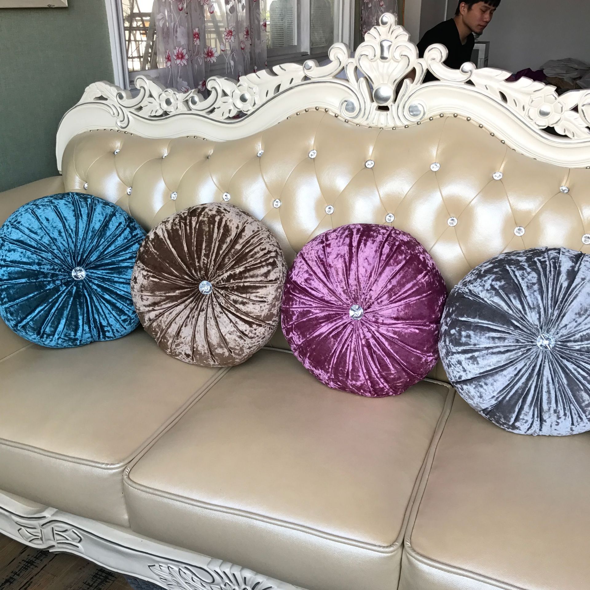 Goud Fluwelen Effen Kleur Ronde Rugkussen Pompoen Kussen Voor Seat Sofa Woonkamer Auto Rugkussen Thuis Slaapkamer Decoratie