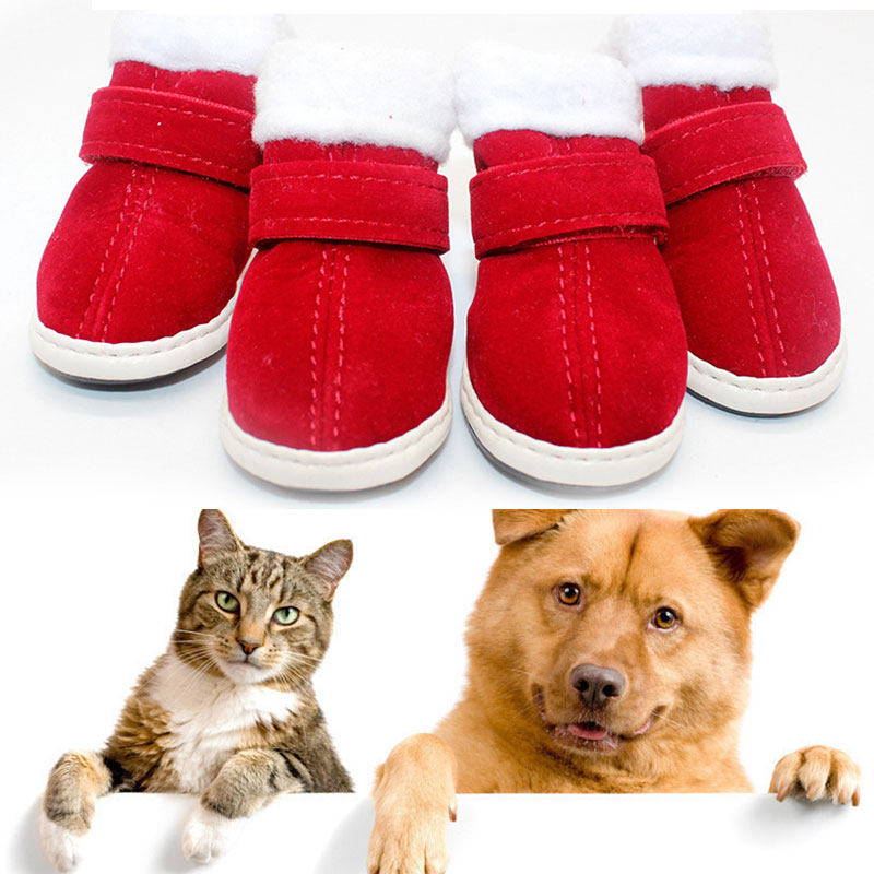 Winterschoenen voor honden, waterdicht, antislip, regenlaarzen, sneeuwlaarzen, schoenen voor katten en honden, kerstschoenen, warme fluwelen rode schoenen