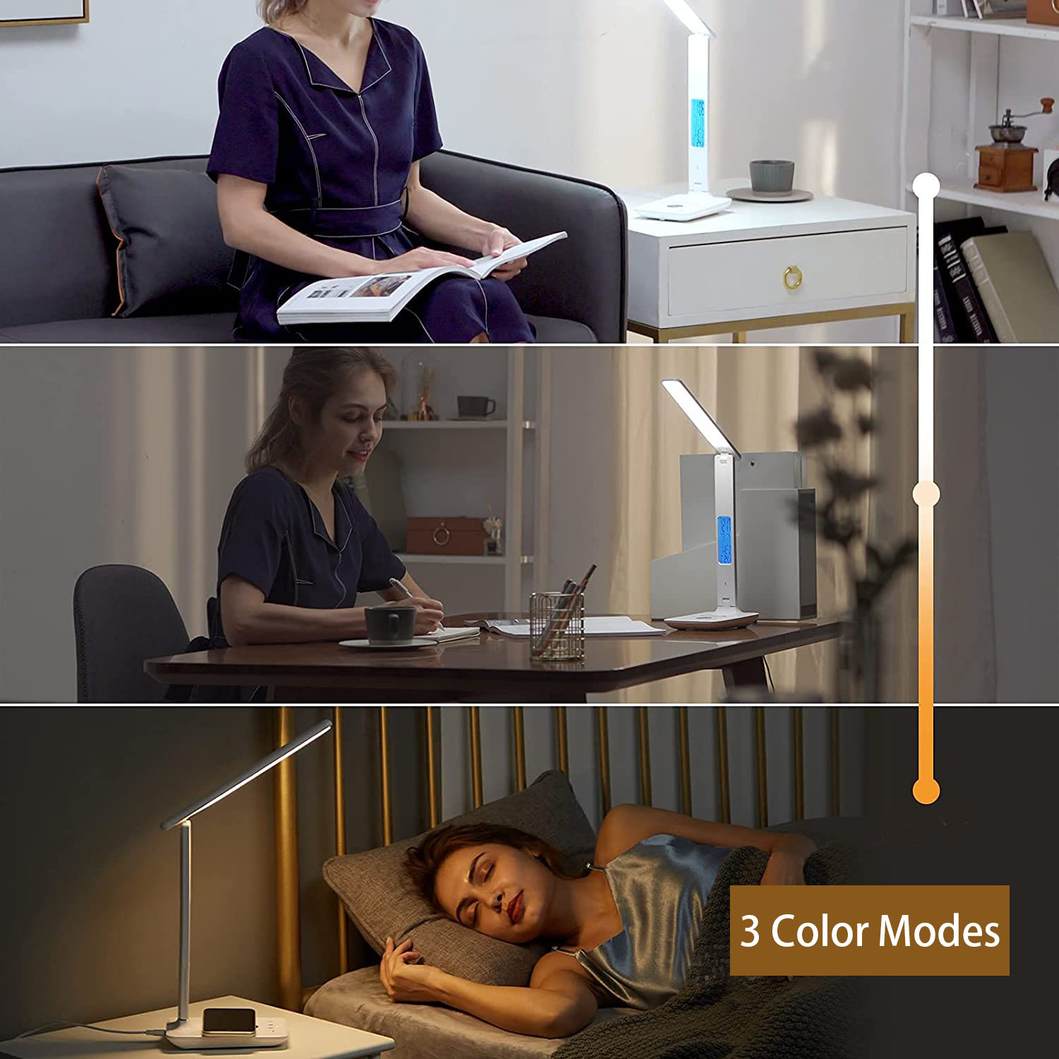 USB-LED-Schreibtisch lampe mit kabellosem Ladung kalender Temperatur Wecker Augenschutz Studie Lesen Geschäft hell Tisch lampe