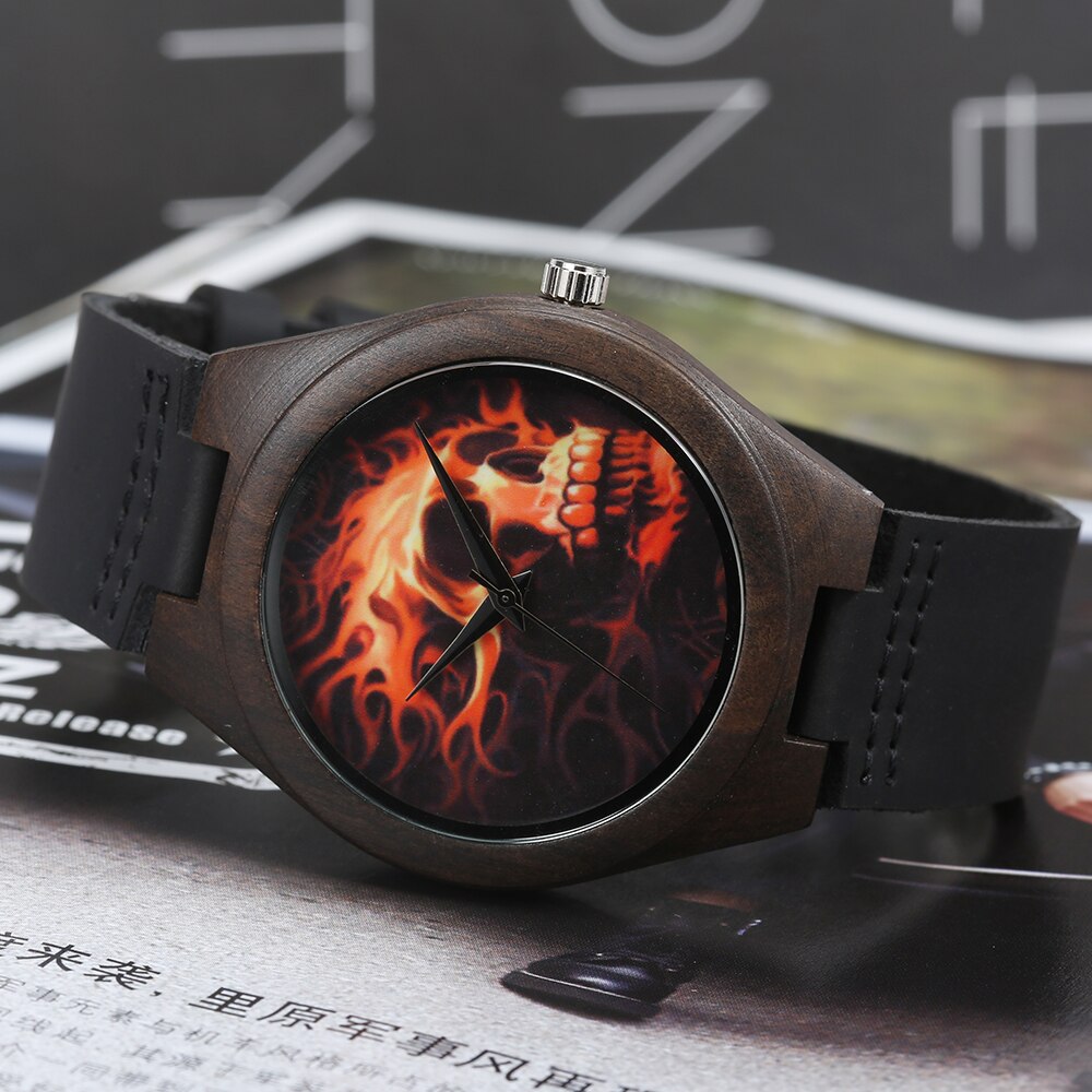 Relojes analógicos de madera para hombre y mujer, Reloj de pulsera de cuarzo con único de calavera, correa de cuero cómoda