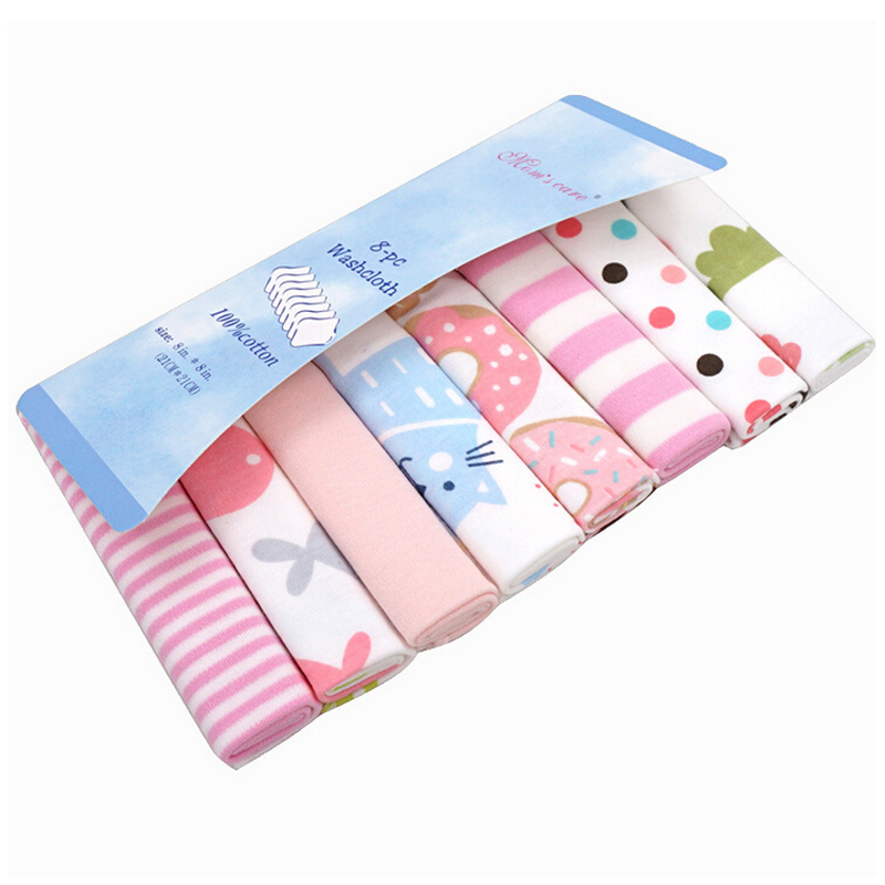 h17 Baby Small Scarf / Feeding Napkin Hood Towel Soft Cotton Fabric Pink Series Donut Pattern 8pcs 21 * 21