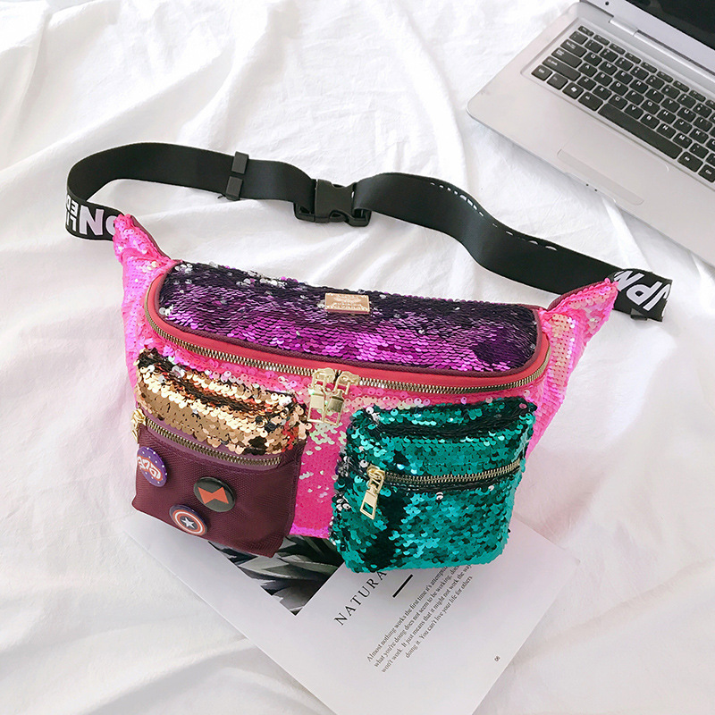 Kleur Pailletten Vrouwen Taille Tas Grote Capaciteit Hip Hop Fanny Pack Meerdere Zakken Riem Zakken Vrouwelijke Schouder Crossbody Borst tas: Pink waist bag