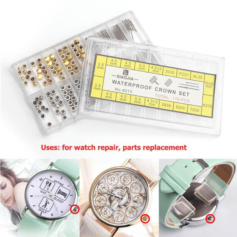 170pcs/box Watch Crown Parts Replacement Assorted Dome Flat Head Watch Accessories Repair Tool Kit Accessories Tool Kits