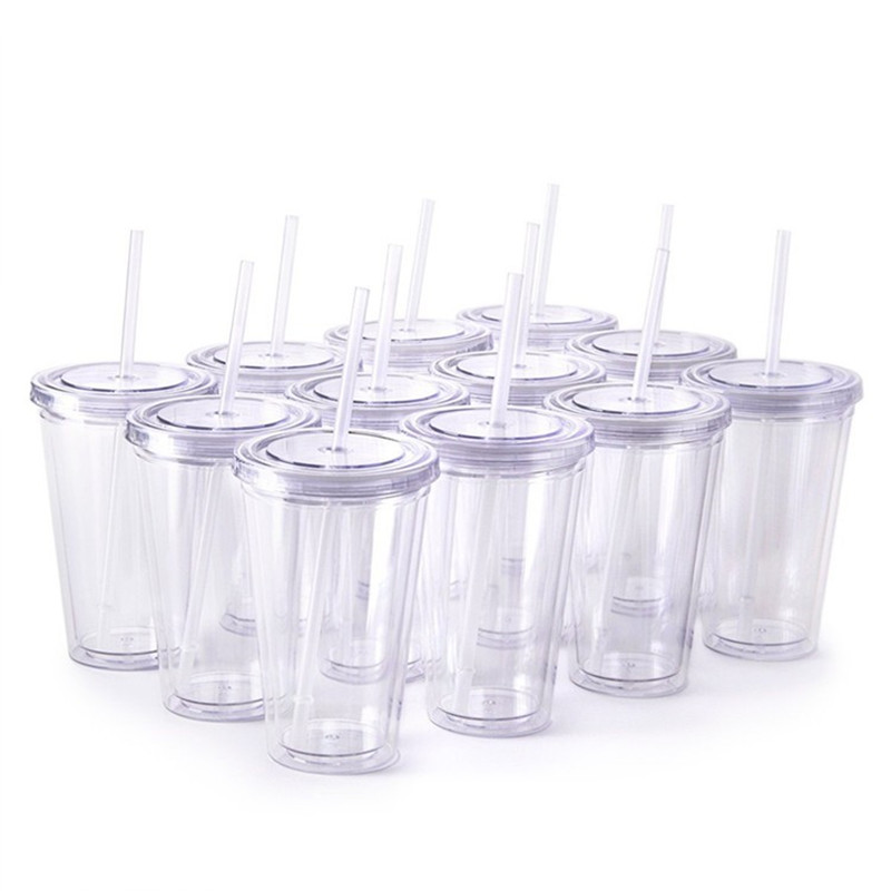 16oz/22oz återanvändbara rese-iskaffe muggar dubbelvägg isolerande klara plastglas med lock och sugrör 1 st ,3 st ,12 st/set