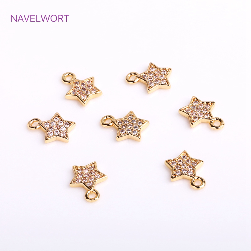 Pendientes de pentagrama chapados en oro de 14K, 7,5mm, bonitos dijes con incrustaciones de circón, colgantes de estrella pequeña, accesorios para hacer joyería DIY,
