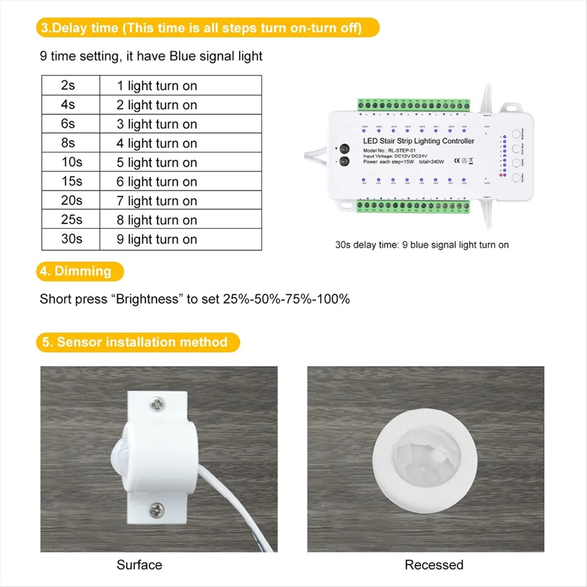 Delighted- 16 Channels Led Stair Light Staircase Controller 2 PIR for Indoor Flexible LED COB Strip Light Without Remote Control