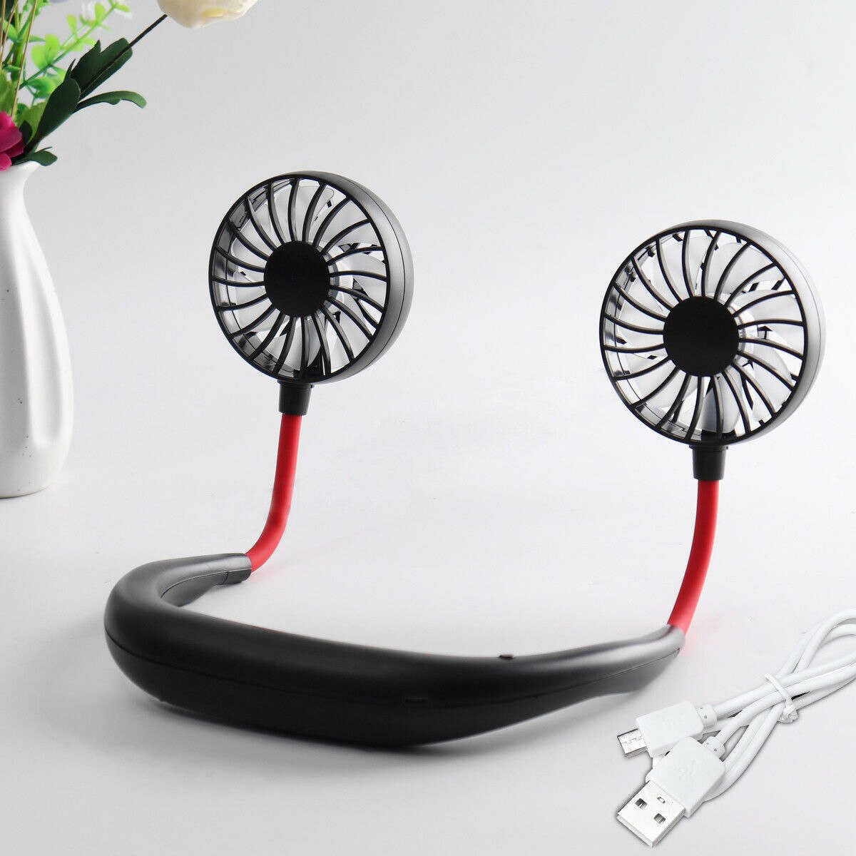 Sport mini ventilator usb draagbaar handsfree nek hangend usb opladen buiten mini draagbare sportventilator sterke wind dempen: Zwart