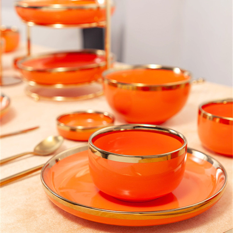 High Grade Bright Orange With Gold Lnlay Plates Steak Food Tray Ceramic Dinner Dish Salad Bowl Mug Porcelain Dinnerware