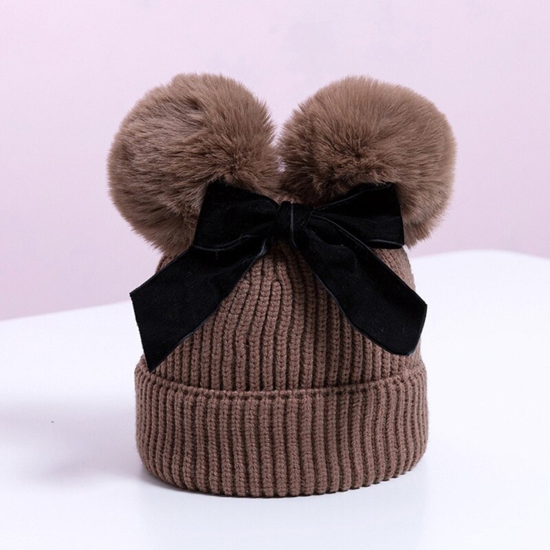 Chapeau d'hiver à Double pompon pour enfants | Chapeau avec nœud, casquette Crochet, chapeau et épais, chapeaux pour bébés: brown