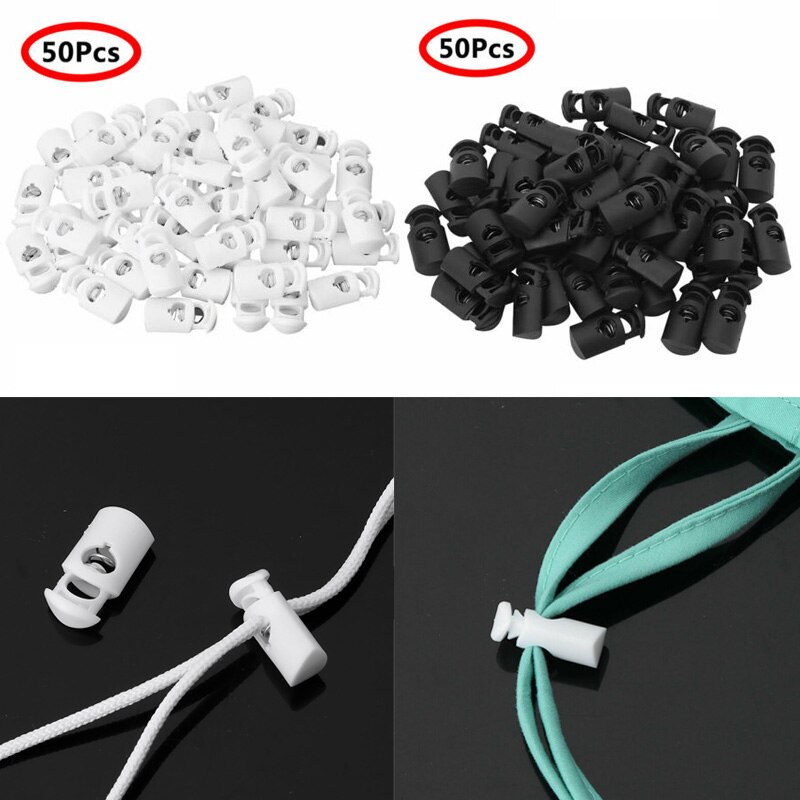 50 muovinen naru lukko yksireikäinen jousi paracord kiristysnauha vipu joustava köyden pidikkeen päät liukuva kaulanauha kengännauha lukkopainikkeet