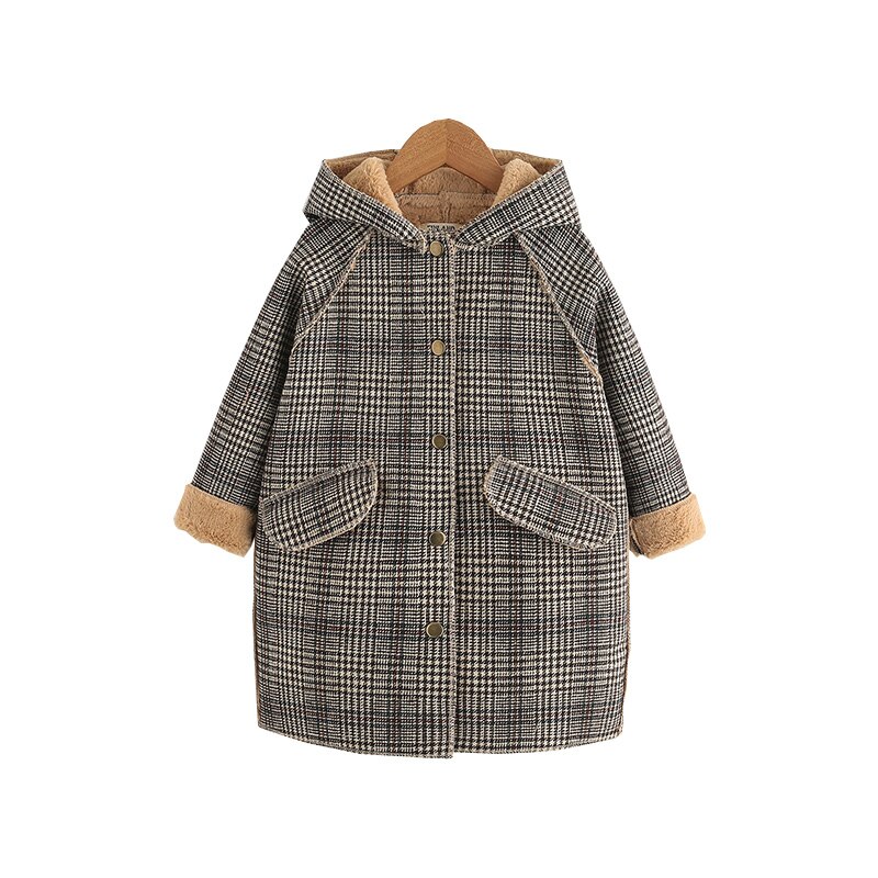 Abrigo de lana para niñas de 3 a 12 años, chaquetas gruesas y cálidas con capucha, ropa de invierno a cuadros, chaqueta de lana