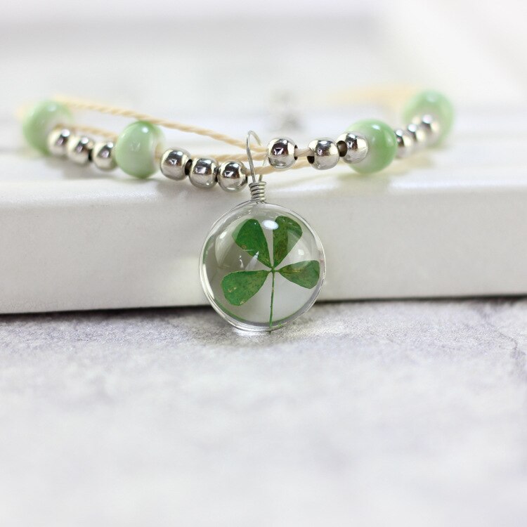 Lidavi di Vetro Del Braccialetto Del Tessuto Fortunato Bracciali di Fiori Fatti A Mano del Dente di Leone Tessuto Fiori Secchi Perle di Vetro Braccialetto Dei Monili Delle Donne Nuovo: Four-leaf clover