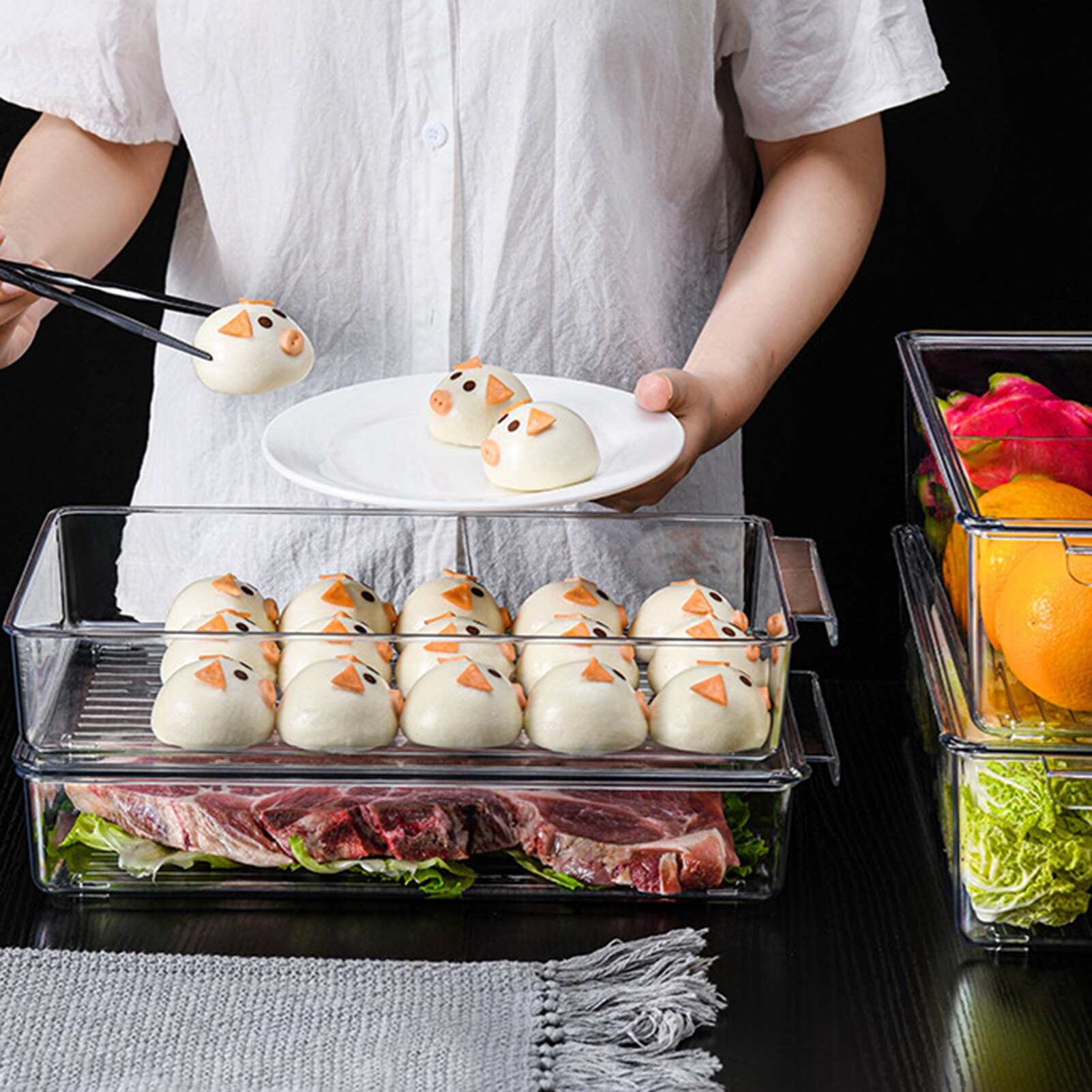 Refrigerator PET Food Storage Box Container With Lid And Divider Large Capacity Fridge Organizer