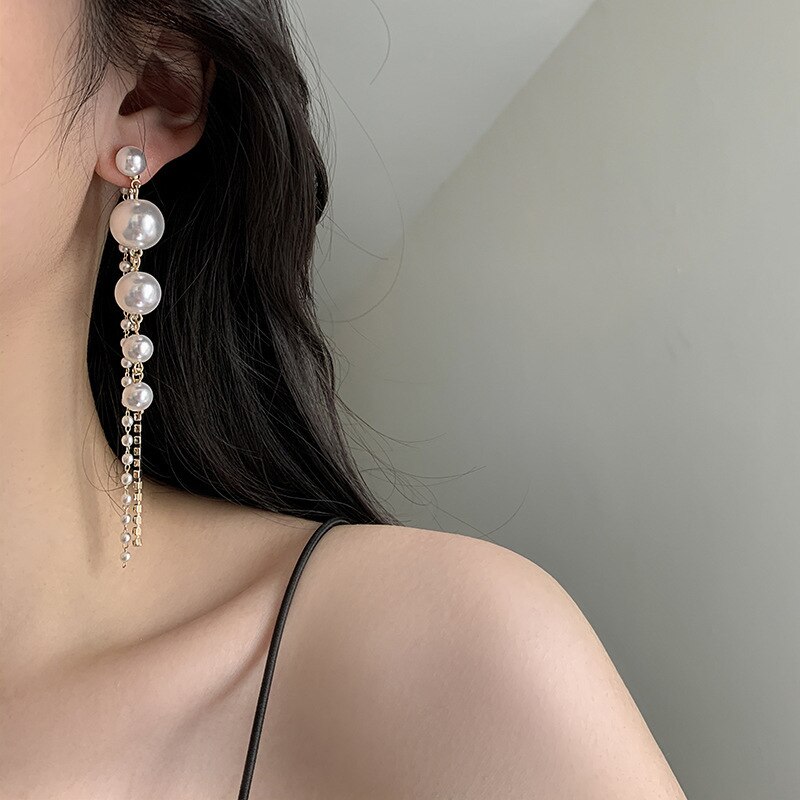 Pendientes de perlas de imitación para mujer, aretes largos con flecos, a la , elegantes, para novia y de boda