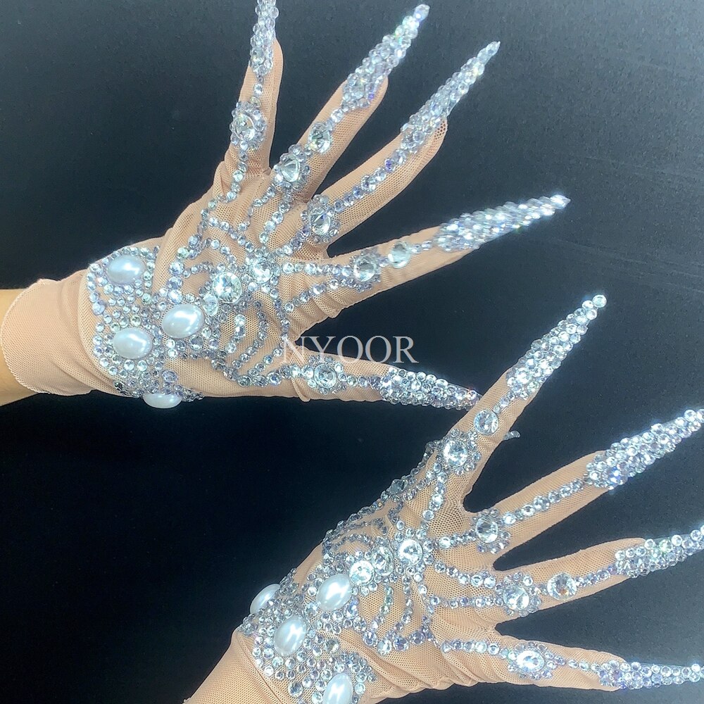 Luxurious Rhinestone Pearls Gloves Women Sparkly Crystal short Gloves Dancer Singer Nightclub Stage Performance Show Accessories