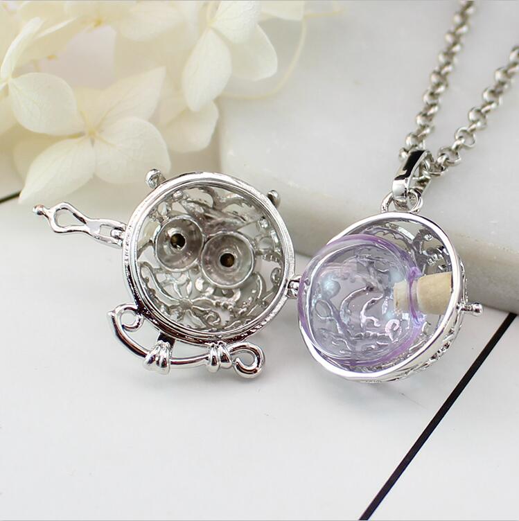 1PC Silver/Bronze Owl Locket Pendant Memory Locket Urn Jewelry for Ash Glass Owl Locket Pendant Jewelry: Silver with Purple