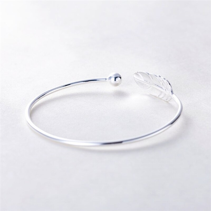 Sweet Feather Leaf 925 Sterling Silver Temperament Personality Female Trendy Resizable Opening Bangles SBR004