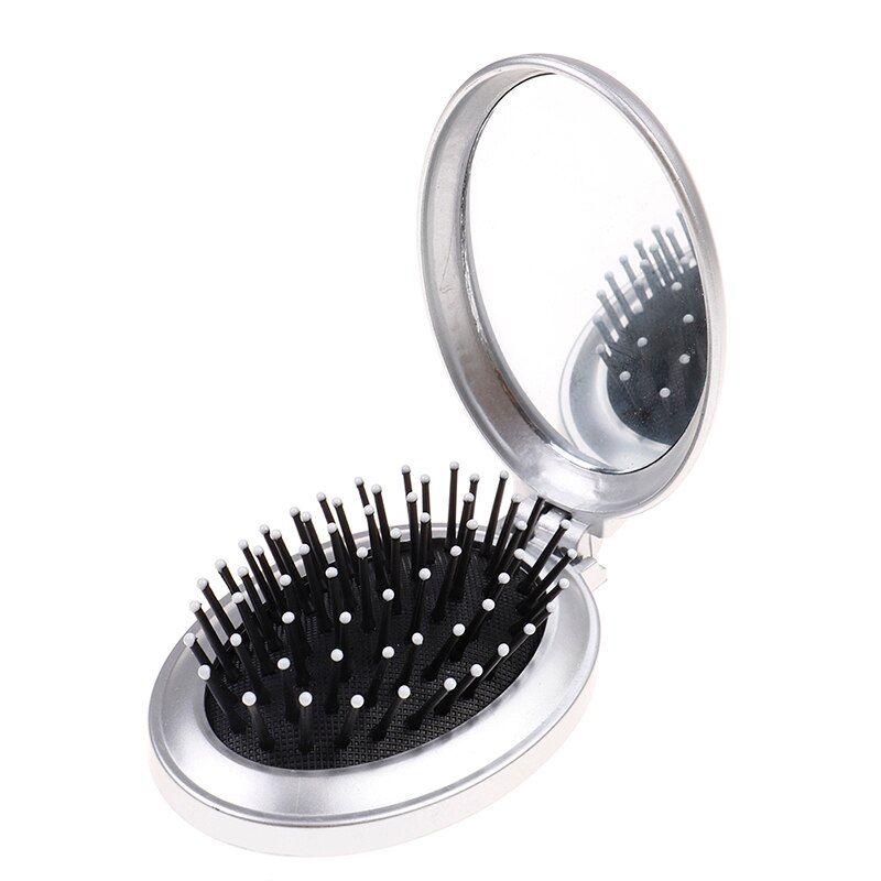 Cepillo de pelo portátil para niña, herramientas de peinado con espejo, 5 colores, bolsillo redondo, tamaño pequeño, peine plegable de viaje: Plata