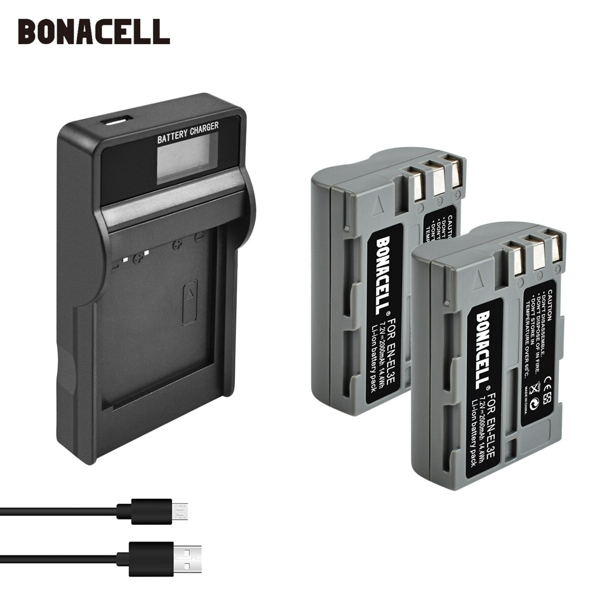 Bonacell 2000mAh EN-EL3E batería y LED cargador para Nikon D50 D70 D70s D80 D90 D100 D200 D300 D300S D700 Cámaras SLR digitales L5: 2XBattery-LCDCharger