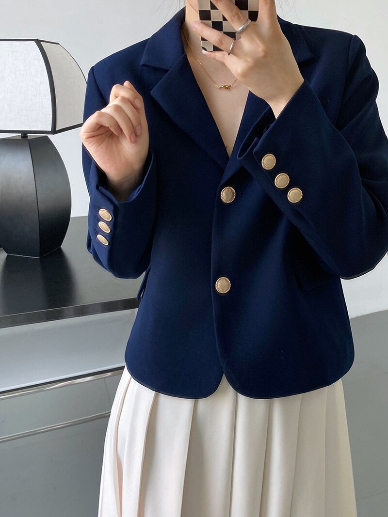Solid Gold Button Detailed Lapel Button Up Crop Blazer Blue / Khaki Spring Women Short Jacket: Navy / M