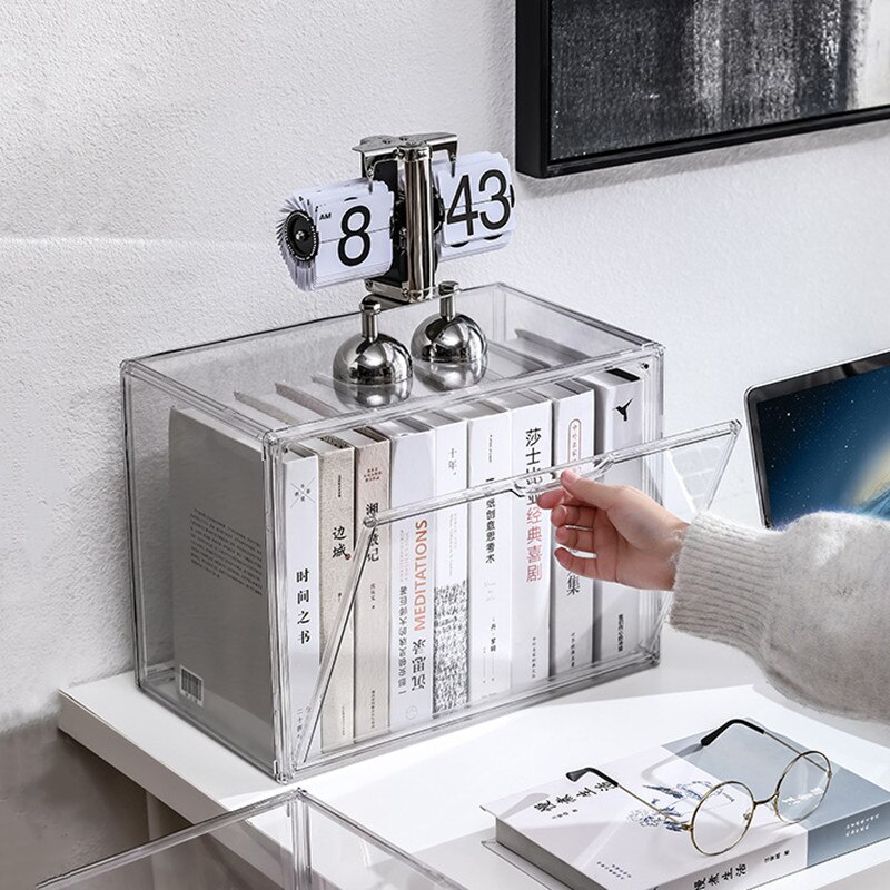 Desktop book organizer gennemsigtig støvtæt magasin opbevaringsboks fortykket plast reol kontor indretning bogreol vitrine