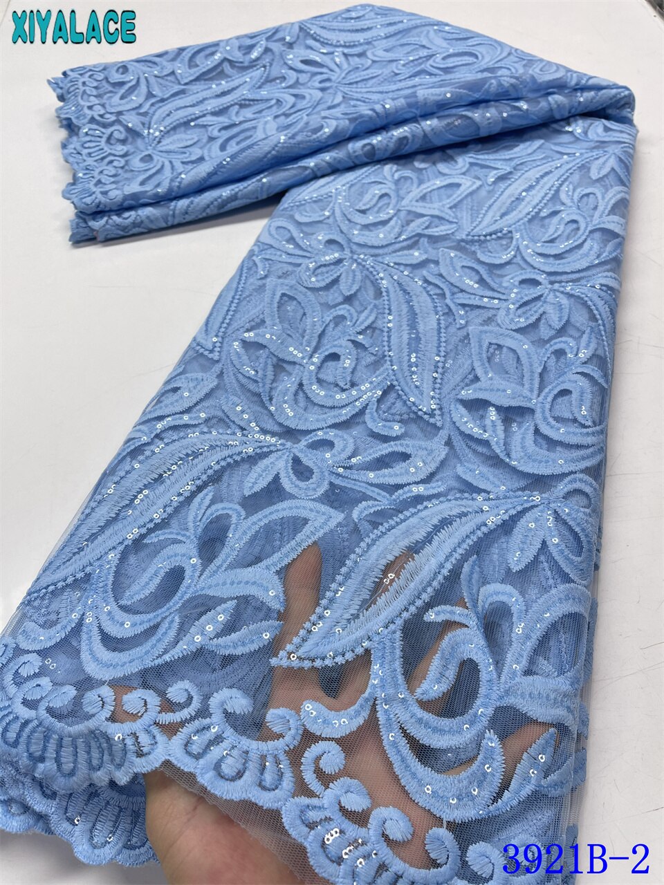 African Lace Fabric Tissue Net Lace Fabric with Sequins Sky Blue French Milk Silk Lace for Nigerian Wedding 3921B: 3921B-2