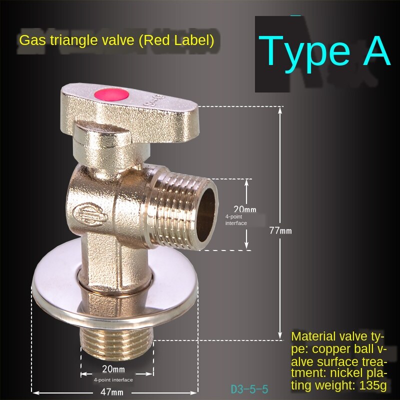 Triangle Valve 1/2IN 3/4IN Copper Ball Core Natural Gas Pipeline Stop Valve Eight-character Valve Large Flow Switch Ball Valve: A Copper core RED
