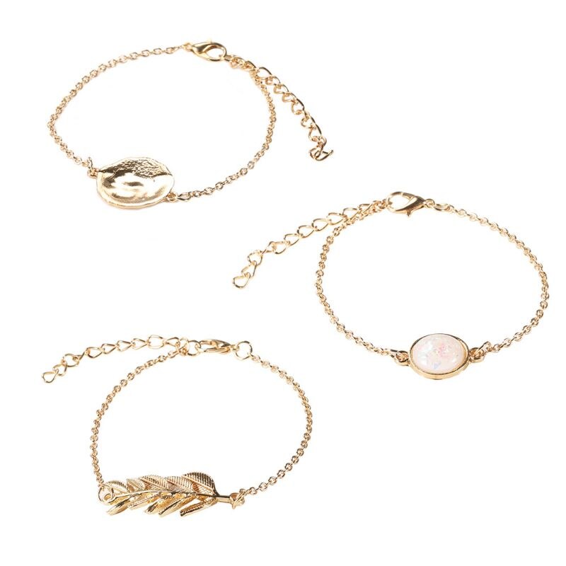 3Pcs Vintage Golden Chain Imitation Opal Stone Leaves Round Discs Charm Bracelets Kit for Women Jewelry