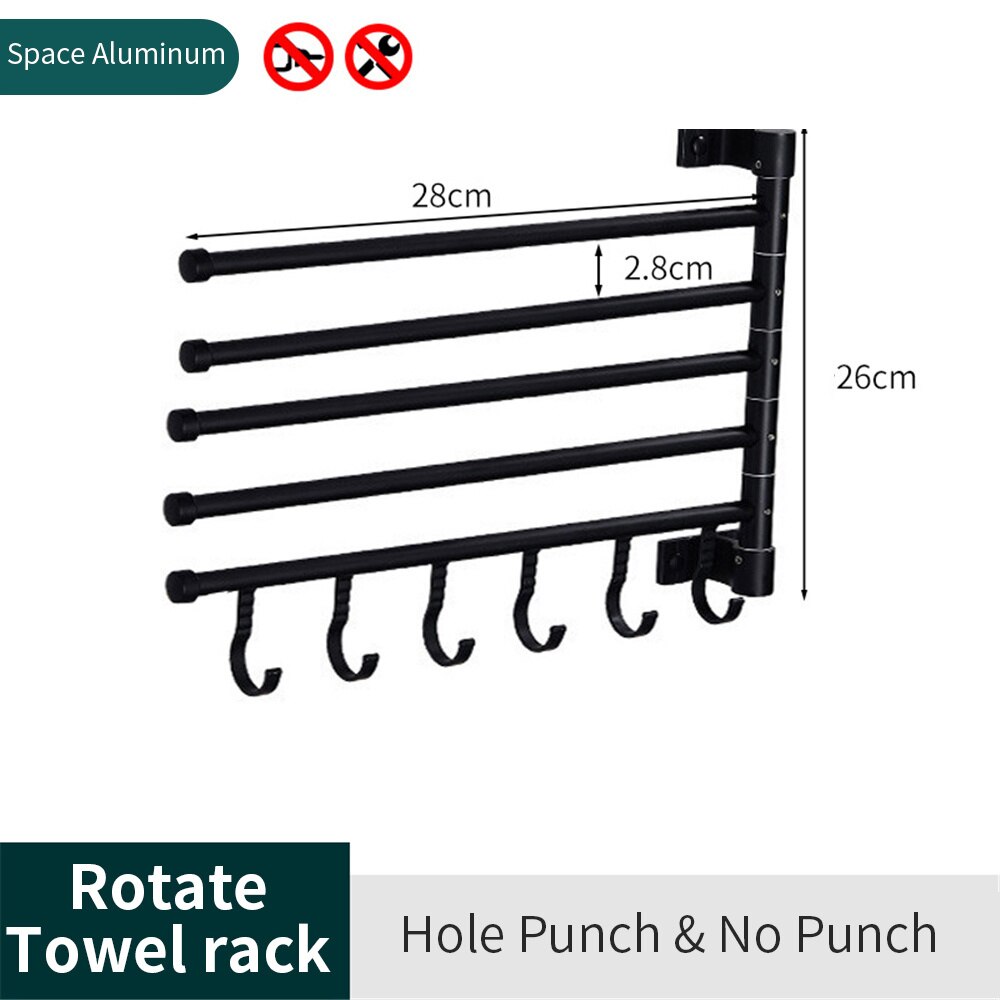 180° Swivel Towel Bar Bathroom Wall Mounted Removable Towels Storage Rack Punch-free Strong Load-bearing Laundry Drying Shelves: 5 pole with hook