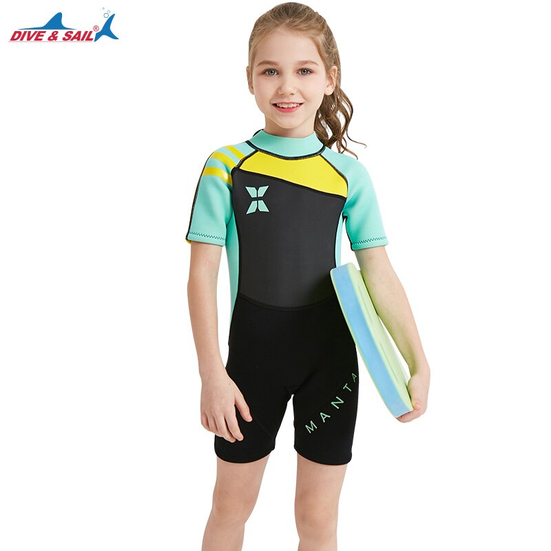 Dykker- og sejlpiger 2.5mm korte ærmer dykkerdragter rashguards børn neopren våddragter i ét stykke surfing triathlon snorkel bodysuit: Blå / Xxl