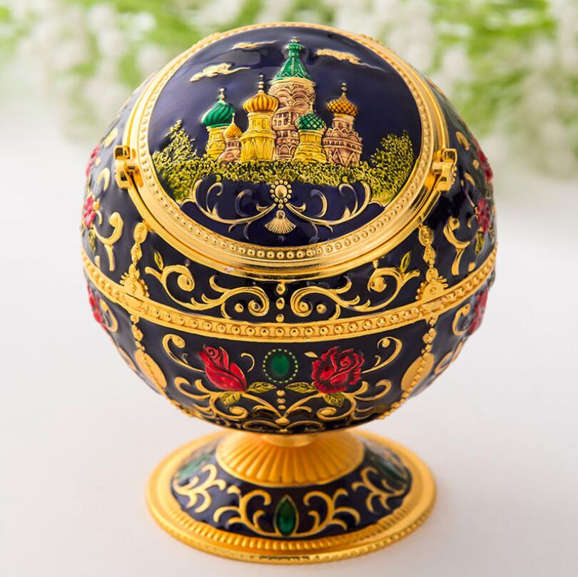 Luxe gouden schilderij asbak, ronde asbak, asbak van metaallegering, herenasbak met deksel, draagbare asbak voor op tafel.: Koninklijk blauw kasteel