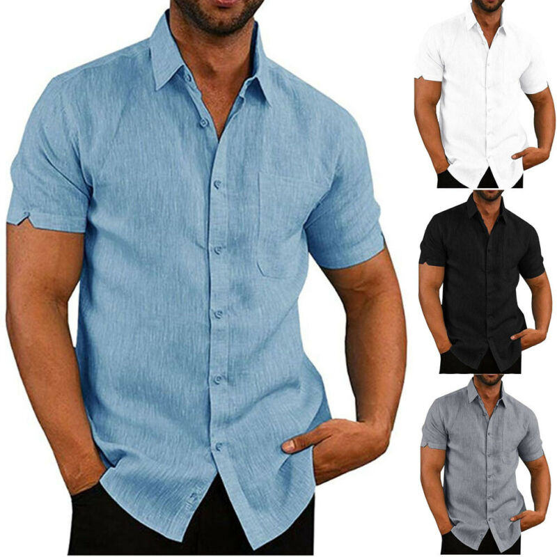 Luxe homme manches courtes col rabattu chemises décontractées amples lin hauts type chemisier poche poitrine noir blanc gris bleu