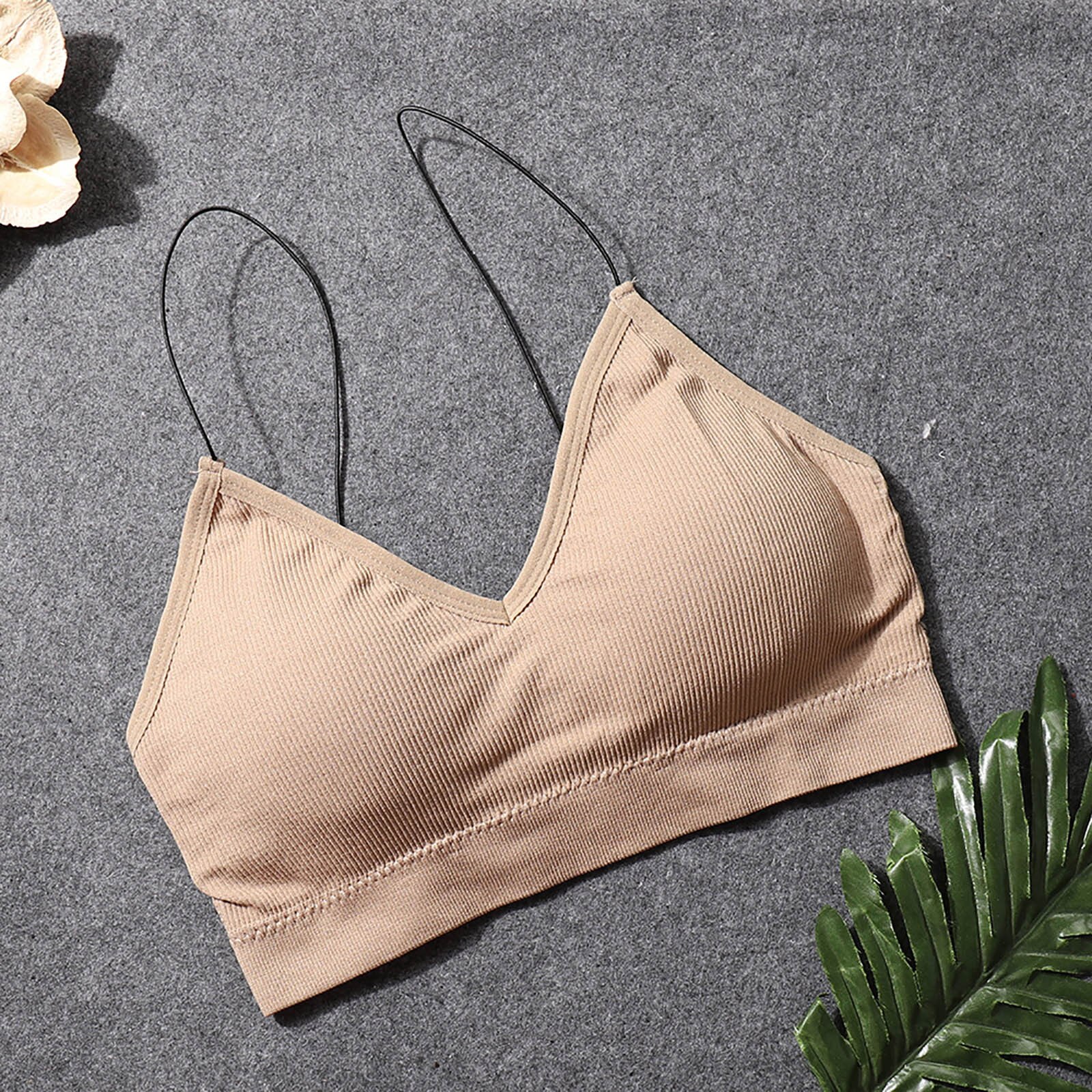 Bra For Women Thread Thin Shoulder Strap Tube Top Underwear V-neck Lingerie Solid Color Brassiere Bielizna Damska #3: Khaki